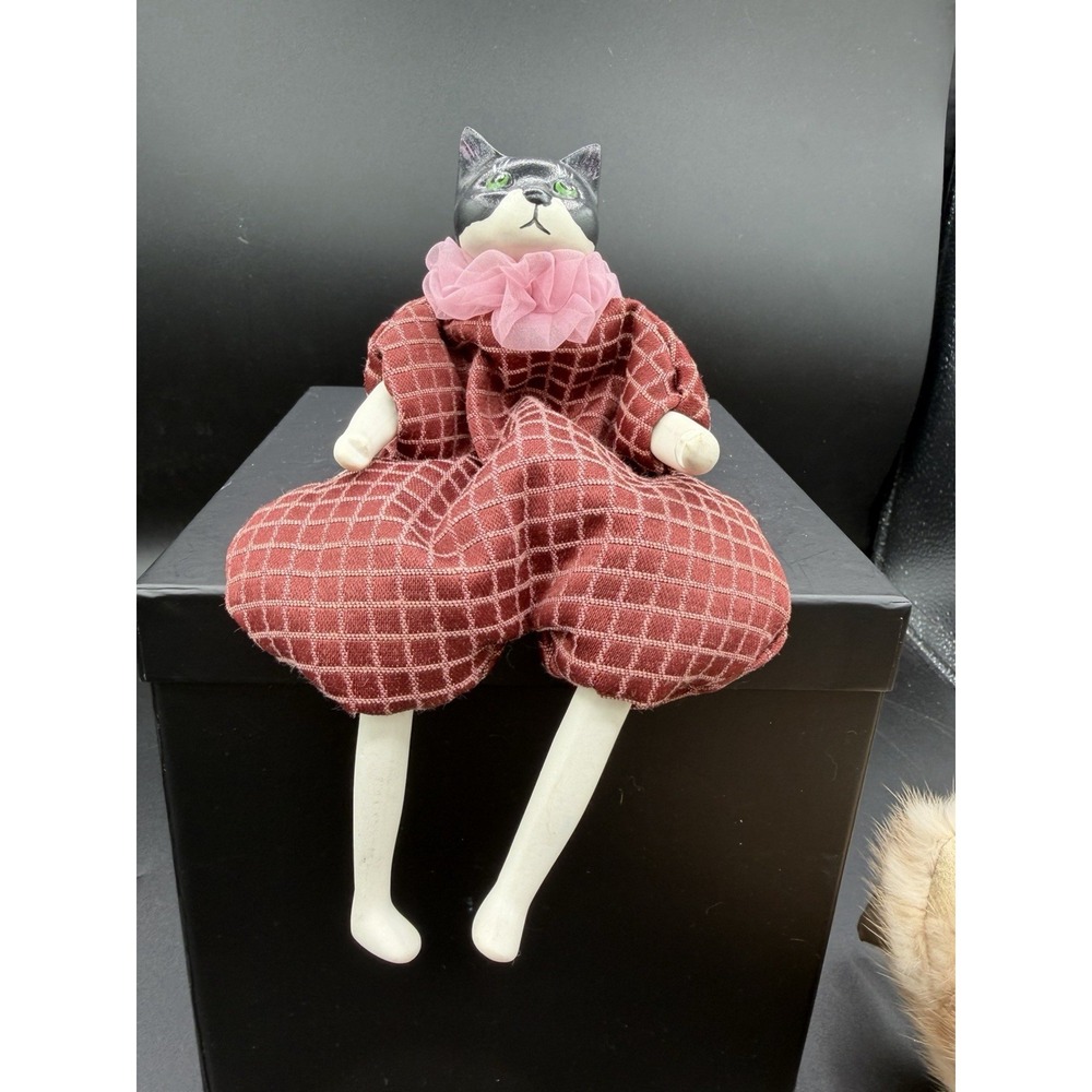 🐾 Handmade Primitive Folk Art Cat Doll – Mixed Media Beanbag Body–Painted Head